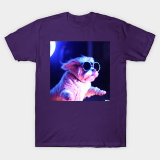 Neon Dog Wearing sunglasses dancing in the night T-Shirt